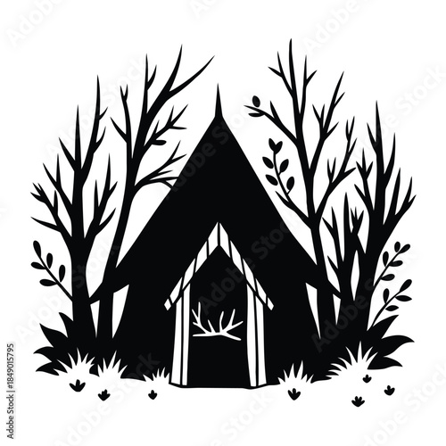 House with Tree Vector Illustration in Nature Style