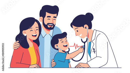 Health Examination: A doctor listens to a child's heartbeat with a stethoscope, and the parents watching. Emphasizing the importance of family and well-being.