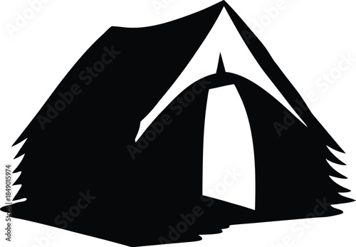 Black and white silhouette of a man and house with geometric triangle design and camping icon style