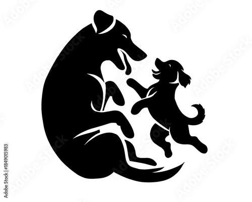 silhouette of a dog playing with its puppy, vector illustration icon isolated on white background
