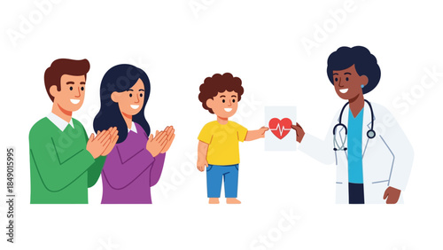 A Family's Gratitude to Doctor: A heartfelt moment of appreciation unfolds as a young patient presents a heart illustration to a caring doctor. The parents, filled with relief and gratitude.