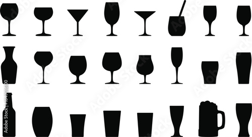 Assortment of Black Silhouette Drink Glasses and Bottles on White Background beverage alcohol