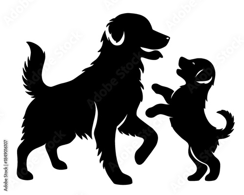 silhouette of a dog playing with its puppy, vector illustration icon isolated on white background
