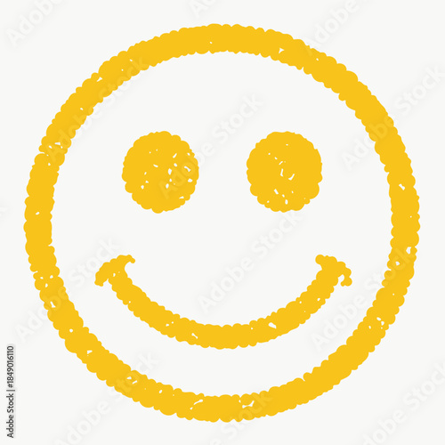 A yellow smiley face with a textured, crayon-like outline on a white background, depicting happiness and positivity.
