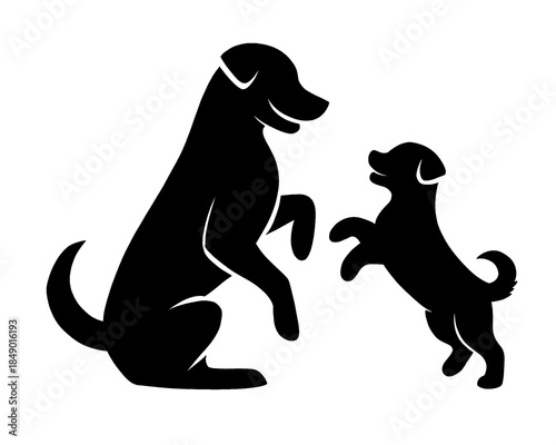 silhouette of a dog playing with its puppy, vector illustration icon isolated on white background
