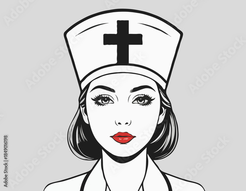 Vintage style nurse cap with red cross, black and white woodcut