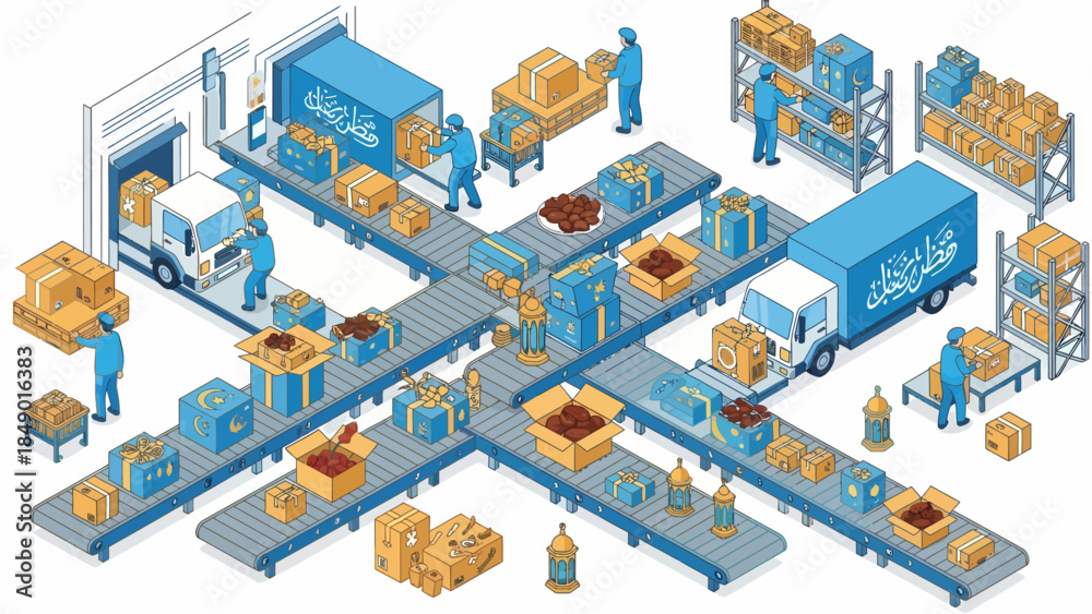 Obraz premium Automated Logistics and E-commerce Fulfillment Center with Conveyor Belts and Trucks