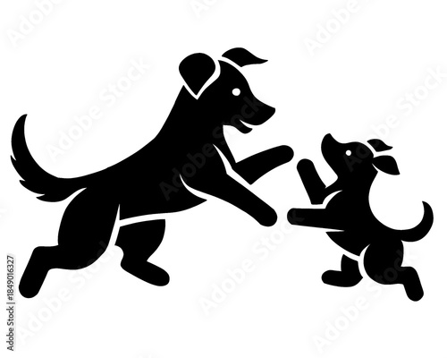 silhouette of a dog playing with its puppy, vector illustration icon isolated on white background
