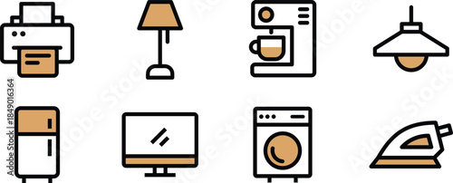 Icon Pack Home Appliances, printer, lamp, coffee machine, fridge, TV, iron Designed for Websites, Apps, UI UX Projects, and Professional Digital Assets