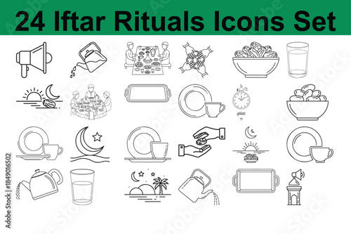 Outline set of 24 iftar rituals icons capturing various aspects of fasting breaking during ramadan celebration