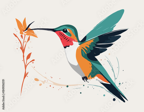 Hummingbird in illustration in brush stroke painting,