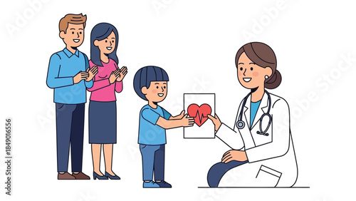 Child Doctor Visit: A young patient shares a heart illustration with a caring doctor, parents watch attentively and are happy. Illustrating patient care.