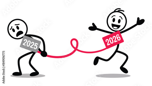 new year transition concept illustration showing moving from 2025 to 2026 with stick figures connected by red line, creative metaphor for change, progress and fresh start 