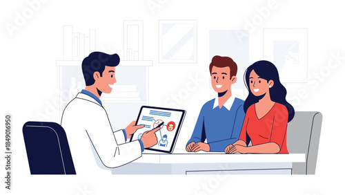Healthcare Consultation: A doctor points to a medical diagram on a tablet, consulting a couple in a healthcare setting, emphasizing patient communication and medical insights.