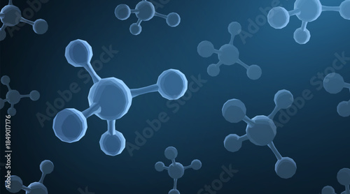 Molecule. Abstract futuristic micro molecule structure with sphere on blue background. Science, research, chemistry, biotechnology, medical concept illustration or background

