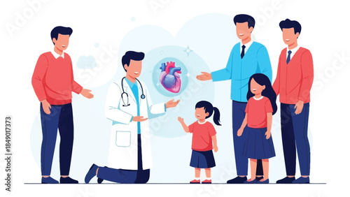 Family Healthcare Consultation: A compassionate doctor explains heart health to a family, emphasizing preventative care. Illustrated with a vibrant depiction of a healthy heart.
