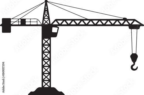 Black and white line of a construction crane with a hook and cable line black and white