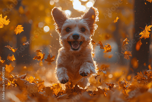 Energetic small dog runs toward the camera through falling autumn leaves in warm golden light, capturing playful movement, joy, and the beauty of a fall day.