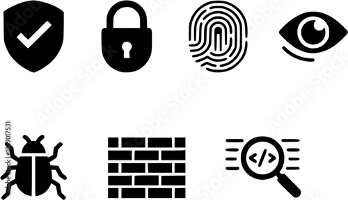 Security icons representing protection, privacy, and verification displayed as black silhouettes on a white background