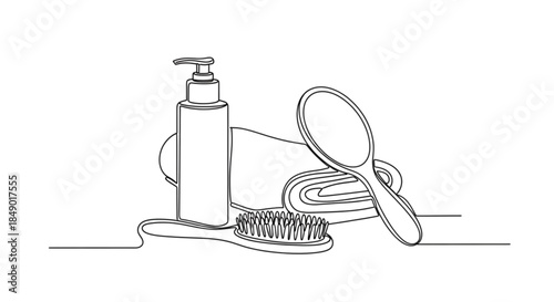 Hair serum bottle with towel, mirror, and brush in minimalist line art  