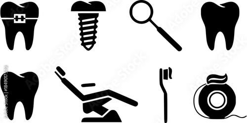 Dental care icons set with tooth, implant, and tools on white background