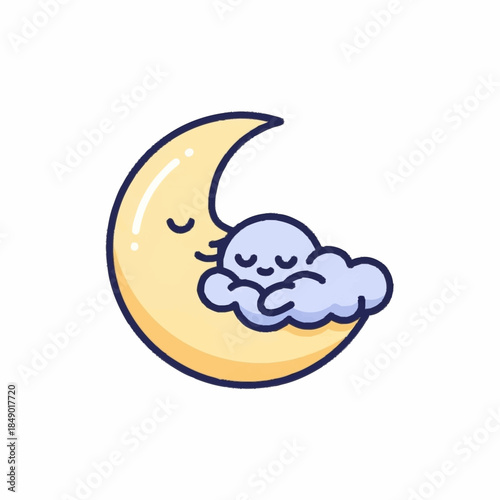 Cute cartoon moon sleeping peacefully on a cloud.