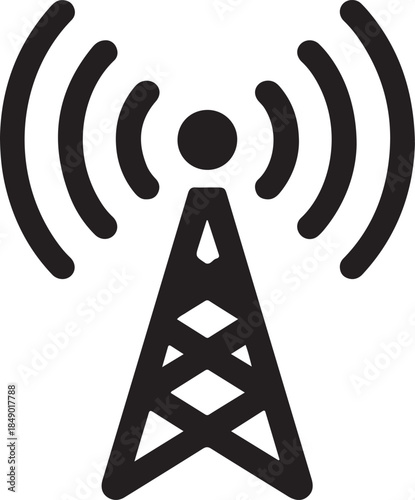 Black and white radio signal tower with radiating waves communication