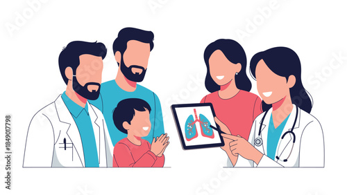 Medical Consultation: A healthcare professional consults with a family, explaining a lung scan on a digital tablet.