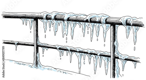 Ice forming on metal railing with icicles in winter season  