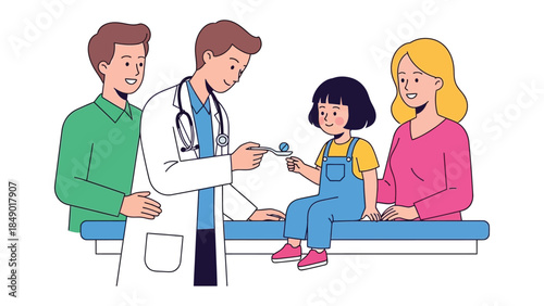 Health check: A warm depiction of a friendly family consults with a kind doctor. The doctor checks on the child with affection, promoting health and wellness in a compassionate setting. 