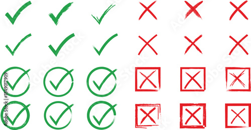 Check the tick mark icon set. Cross box x check mark checkbox v list vector draw hand-drawn sketch doodle brush marker checklist