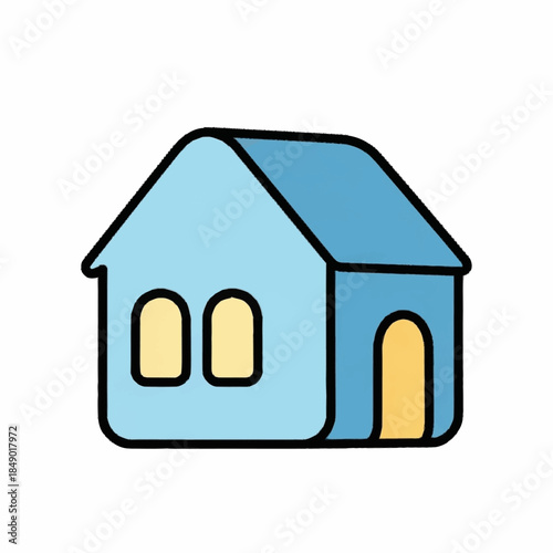 Simple Light Blue Cartoon House with Yellow Windows.