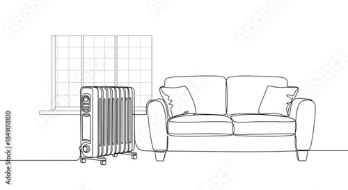Electric panel heater beside modern sofa in minimalist living room  
