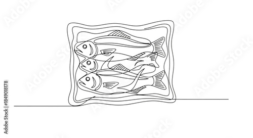 Frozen fish in clear packaging on white background  