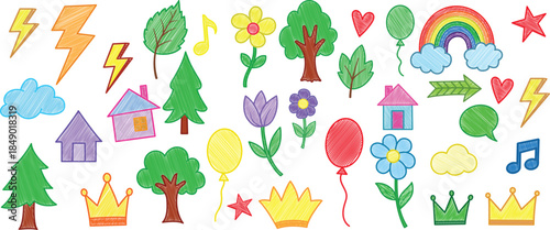 Hand-drawn crayon and pencil doodle icon set playful rainbows, hearts, crowns, flowers, suns, stars, clouds, and smiling sketches in colorful childlike chalk texture for children's elements