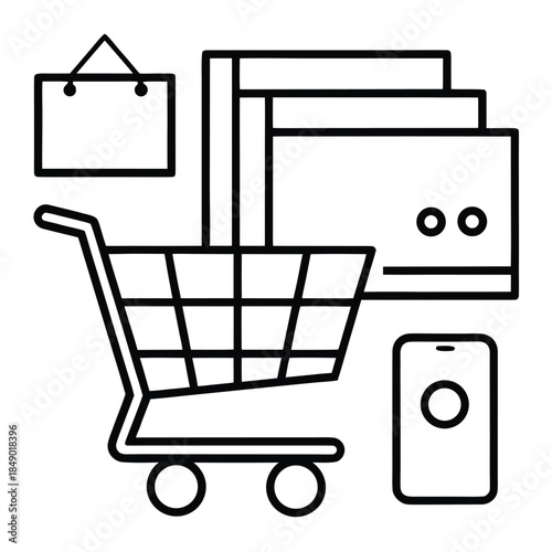 Online shopping cart with a mobile phone and documents