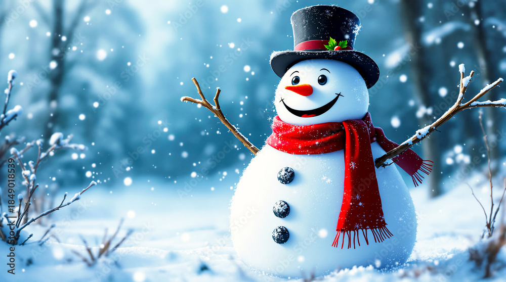 Obraz premium Smiling Snowman in a Winter Wonderland