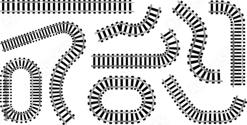 Collection of Black Silhouette Train Tracks in Various Shapes and Curves railway railroad