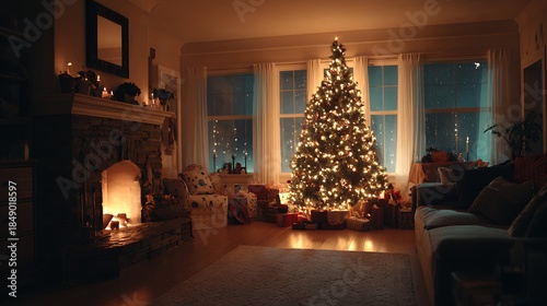 Cozy Christmas Eve with Lit Tree and Fireplace.