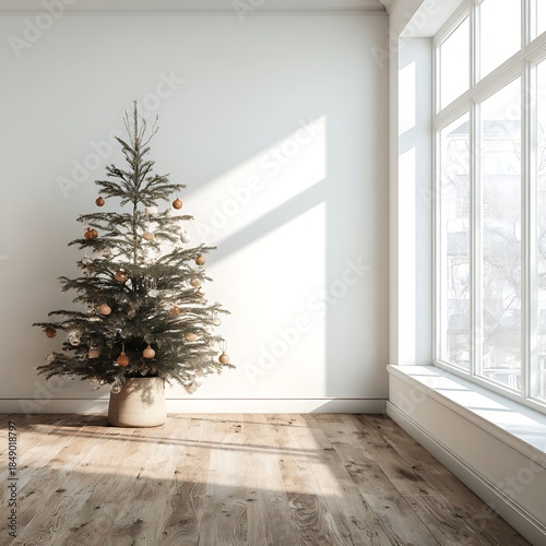 Minimalist Christmas Tree in Bright Room with Large Window.