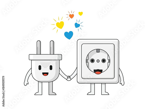 A cartoon electrical plug and socket holding hands with hearts floating above them, symbolizing connection and love.