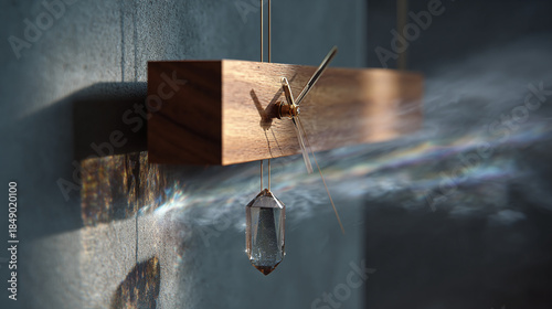 A close-up shot of a modern wooden clock with a crystal pendulum hanging on the wall