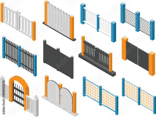 Isometric Collection of Various Gates and FencesTitle: Isometric Collection of Various Gates and