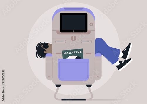 A traveler finds comfort in the cozy airplane seat, deeply asleep with a sleeping mask on, The serene atmosphere captures a moment of bliss during flight