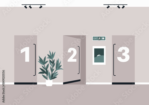 A muted color hallway presents three numbered doors, a potted plant, a framed picture, and an exit sign under the illumination of track lighting fixtures.