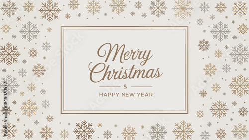 merry christmas and happy new year elegant greeting card with golden snowflake pattern, luxury festive typography design on beige background for holiday celebration and seasonal branding