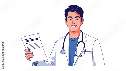 A Doctor Holding Paper: A professional doctor in a white coat, with a stethoscope, holding a paper with a kind smile, symbolizing healthcare