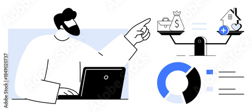 Financial decision making. Balancing cost and value with a focus on priorities thumbs up savings and health. Financial insights facilitated by data analysis and balance scales. For business, personal