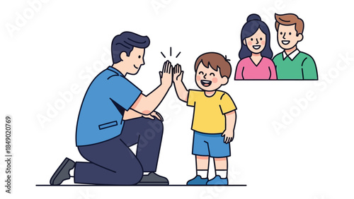 Father and Son's High-Five: A heartwarming scene captures a father and son sharing a high-five, with parents observing, symbolizing a family moment and affection.