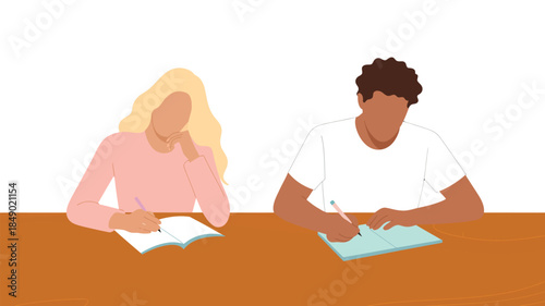students studying together at desk, focused learning and exam preparation concept, education teamwork and academic practice illustration